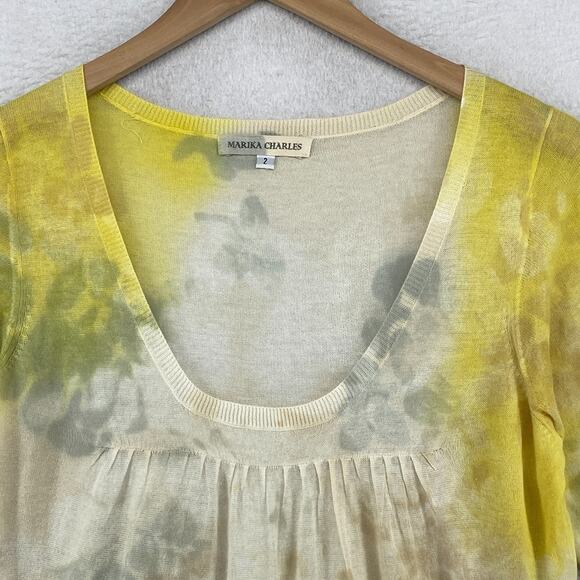 MARIKA CHARLES Sweater 2 Tie Dye Tunic Pleated Scoop Neck Elbow Sleeve Yellow - Picture 4 of 14